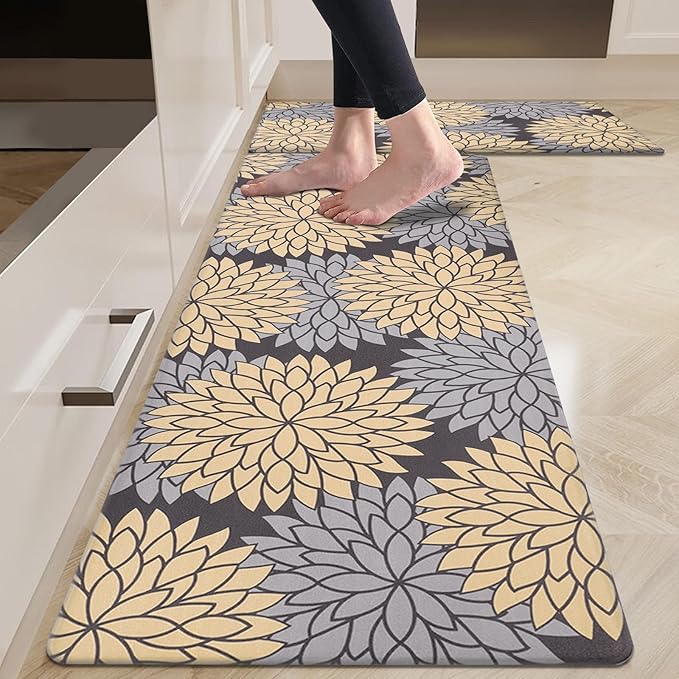 HEBE Anti Fatigue Kitchen Rugs Sets of 2, Non Slip Kitchen Mats for Floor, Waterproof Cushioned Comfort Standing Carpet for Kitchen Sink, Home Office, Laundry Room