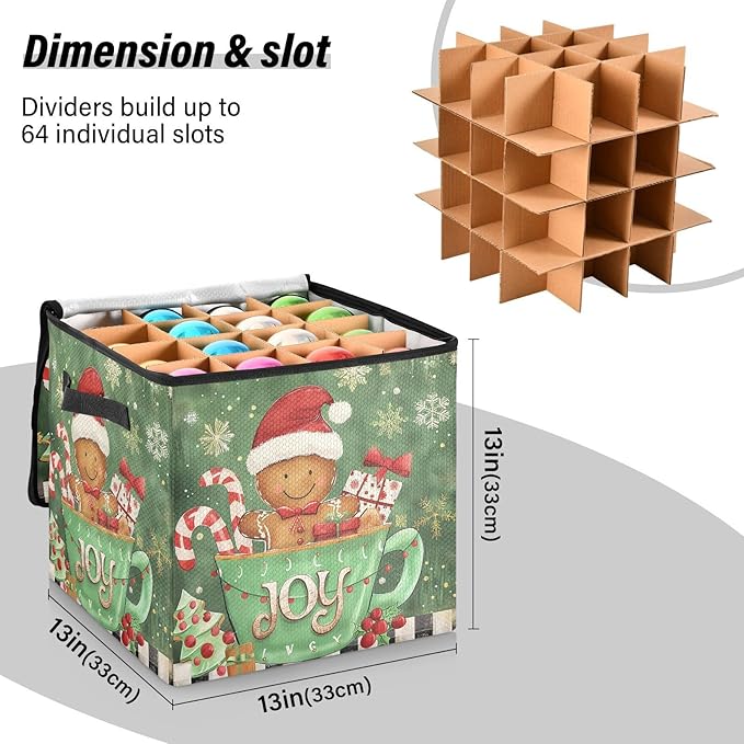 Green Christmas Ornament Storage Basket Box Poinsettia Candy Cane Bells Holiday Storage Container Cube with Adjustable Dividers for 64 Holiday Ornaments or Decorations Keeps Clean and Dry