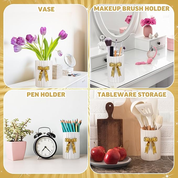 LemonRoad Ceramic Utensil Holder Kitchen Handmade Gold Bow 3D Cooking Utensil Crock with Scalloped Edge Design Vintage Retro Storage Caddy Organizer Vase Decor for Kitchen Accessories Countertop Gift