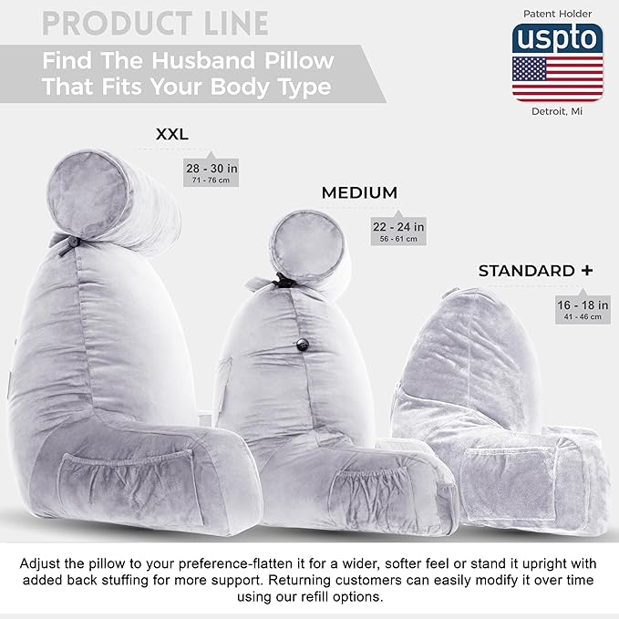 Husband Pillow XXL The Original for Adults - 30" Tall Backrest for Sitting Up in Bed - Firm Support Reading & Bed Rest Pillows for Adults, Neck Roll, Removable Cover - TV - Light Grey