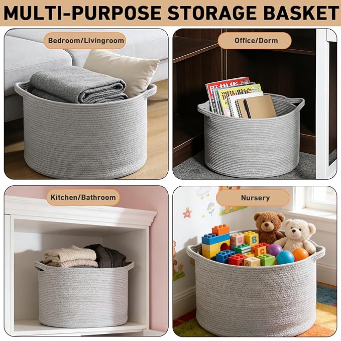 65L Large Blanket Basket,Cotton Rope Woven Storage Basket with Handles, Laundry Hamper for Toys, Clothes, Pillows & Towels, Perfect for Living Room, Nursery & Bedroom,Light Gry
