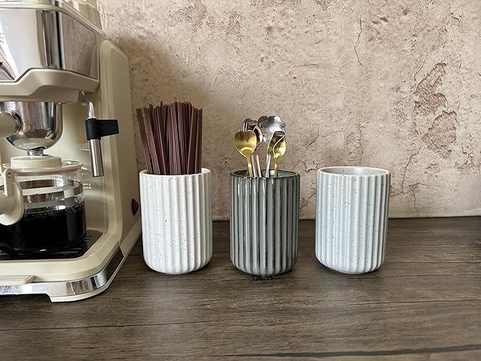 TOPYOKK Stoneware Coffee Bar Utensil Holder Tea & Coffee Spoon & Stirrer Holder for Stir Stick Straw Teaspoon Holder Spoon Cup Small Utensil Jar Fluted Vertical Stripe (Retro Grey)