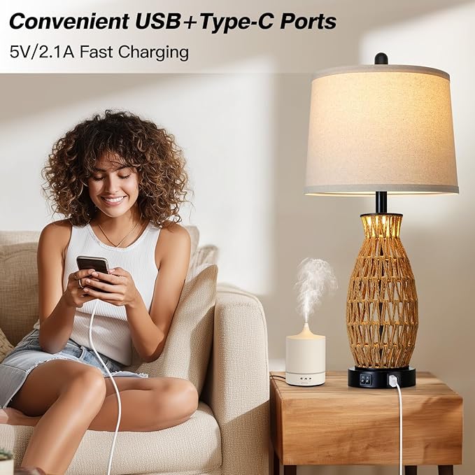 CINSARY 27" Rattan Table Lamps Set of 2 with Night Light, Boho Wicker Bedside Lamp for Bedroom with USB A+C Ports, Coastal Handwoven Woven Nightstand Lamps, Nautical Living Room Lamp for End Table