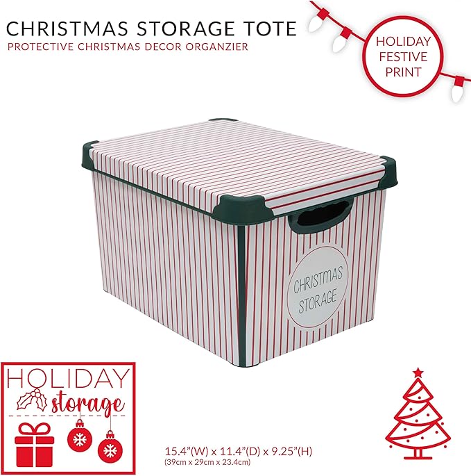 Simplify Christmas Stripe Design Holiday Tote Bin Ornament Storage | Holds 60 Ornaments | Removeable Lid | Easy Carry Handles | Christmas Storage | Green