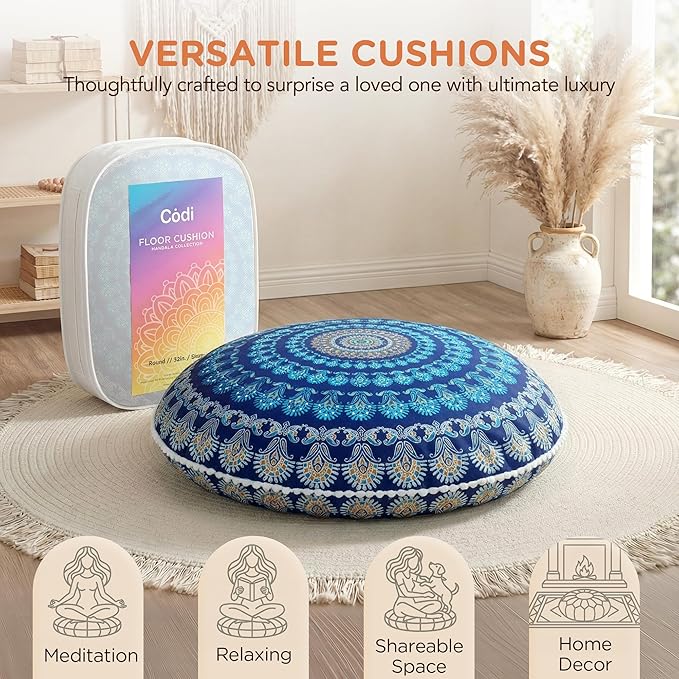Codi Meditation Floor Pillow, Round Large Pillows Seating for Adults, Bohemian Mandala Circle Cushion for Outdoor Fireplace Yoga Living Room, 32 Inch, Memory Foam Added, Navy