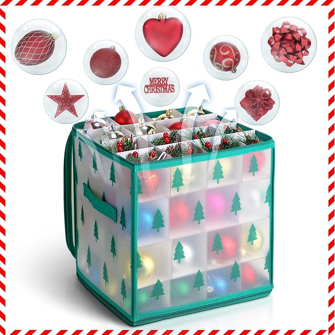 Saintrygo 2 Pcs Christmas Ornament Storage Box Christmas Storage Containers with 64 Compartment Zippered Bauble Vinyl Plastic Ornament Box with Handles, 12 Inch(Tree Style)