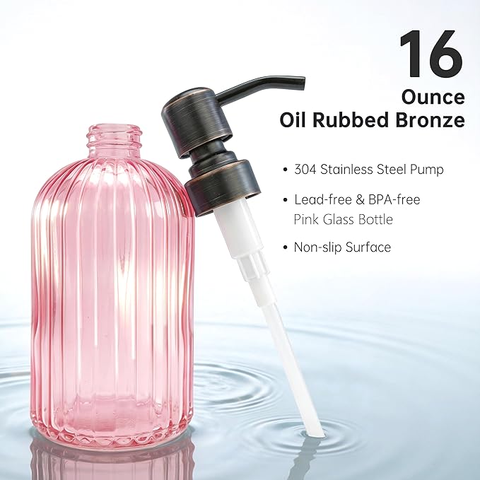 16 OZ Pink Glass Soap Dispenser,Clear Pink Stripe Bathroom Hand Soap Dispensers with Stainless Steel Bronze Pump,Brown Pink Kitchen Hand Soap Dispenser with Oil Rubbed Bronze Pump