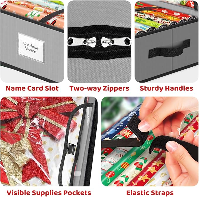 Fabspace Christmas Wrapping Paper Storage Containers, 40 Inch Gift Wrap Organizer, Visible Supplies Pockets for Xmas Accessories, Underbed Storage for Christmas Decorations, Grey