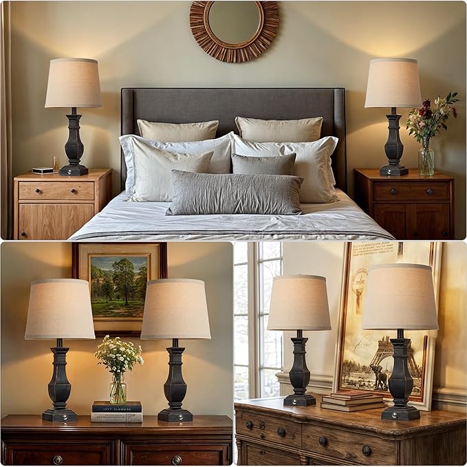 ROTTOGOON Dimmable Table Lamps Set of 2, Rustic Farmhouse Table Lamps for Living Room Bedroom, Bedside Desk Lamps for end Tables, Touch Lamps for nightstand, 9W Bulbs Included, 22", Black