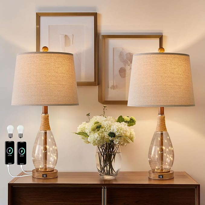OYEARS Bedside Table Lamps Set of 2 with USB, Farmhouse Bedside Lamps Retro Farmhouse Rattan Glass Nightstand Nightlight Lamps for Bedroom Living Room Dorm,Two Light Points