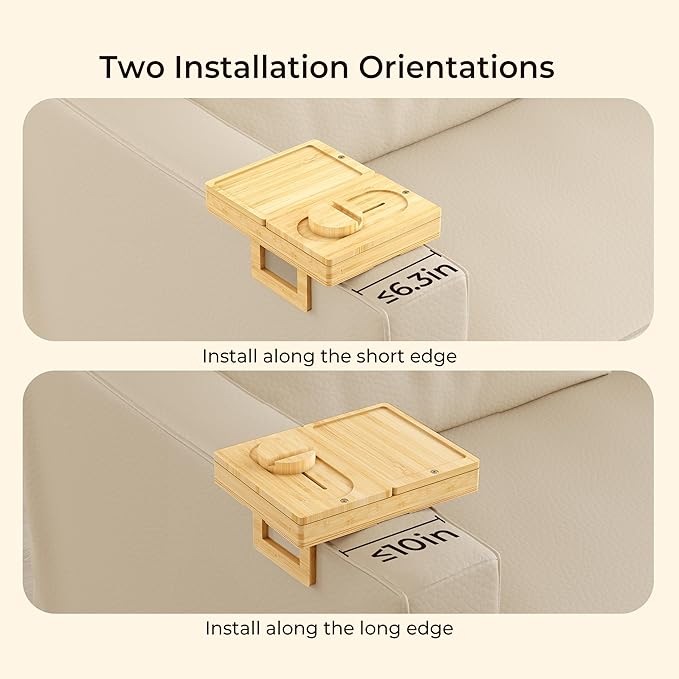 Wealone Bamboo Couch Arm Tray with 2 Rotatable Tray, Adjustable Sofa Arm Clip Table with Storage Box & 360° Phone Holder, Couch Armrest Table for Snacks, Drinks or Dining