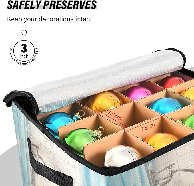 Kigai Bathroom Cat Christmas Ornament Storage Box with Zipper & Adjustable Dividers Holiday Ornament Organizer Xmas Storage Container, 64 Balls