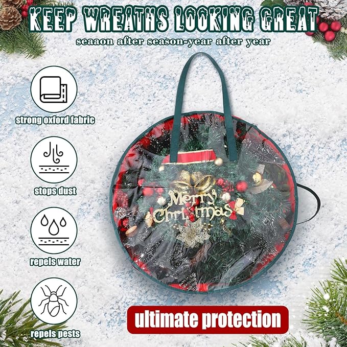 Shappy 4 Pcs Red Wreath Storage Bag Clear Wreath Box Storage Containers with Clear Window and Handle Garland Containers for Holiday Seasonal Bags (24 Inch)