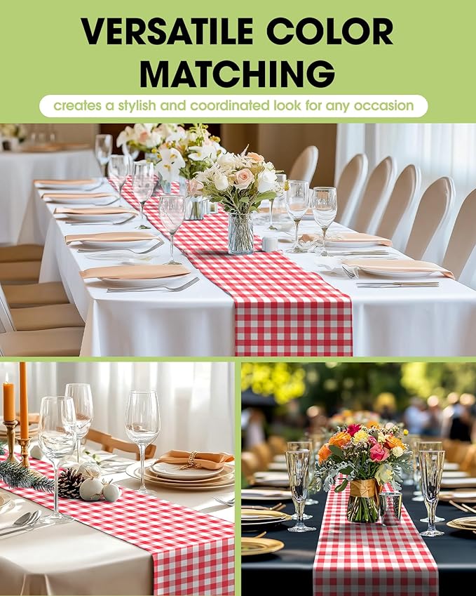 Pureegg Gingham Plastic Table Runners - 10 Pack, 14'' x 108'', Water Resistant & Disposable Plaid Centerpiece Decorations for Table Cloth, Birthday, Holiday, Party, Red and White Checkered Home Decor