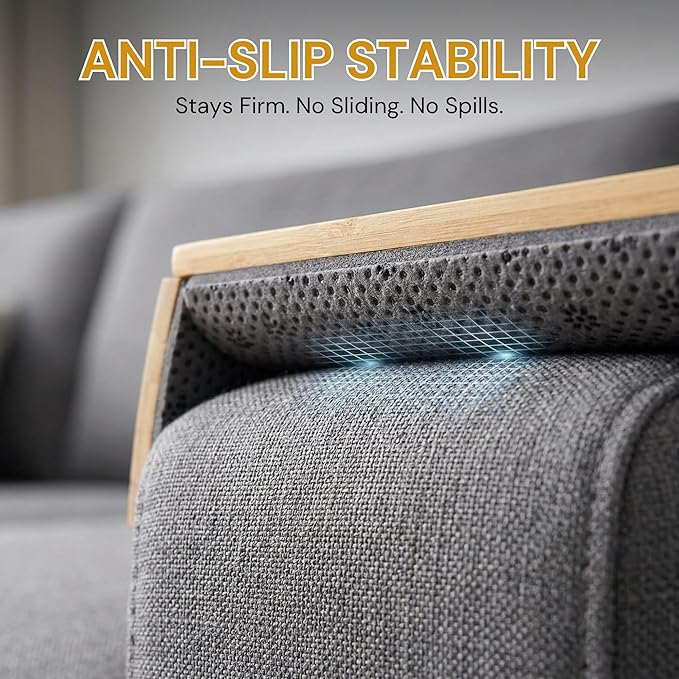 4-in-1 Detachable Bamboo Couch Cup Holder & Arm Tray with 2 Wooden Coasters, Anti-Slip Sofa Arm Tray, Foldable Couch Armrest Table, Organizer for Drinks, Snacks, Remote & Phone