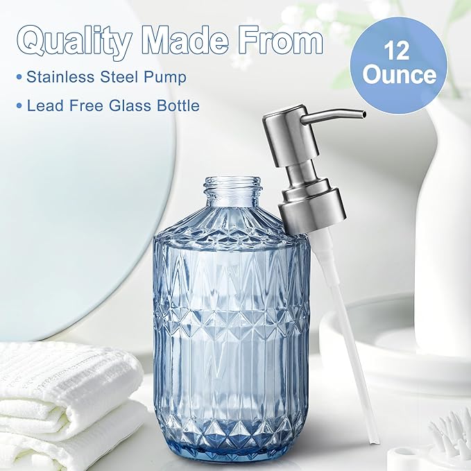 Kaishun 13 Oz Refillable Soap Dispenser, Glass Soap Dispenser for Dispense Hand Soap, Dish Soap, Lotion 2pack (Blue)