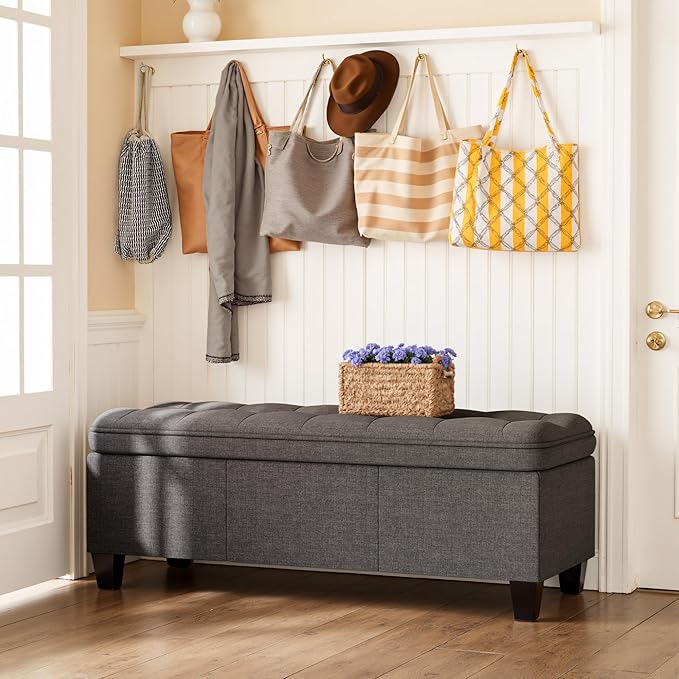 YESHOMY 47 Inches Ottoman with Storage, Storage Bench with Legs, Ottomans for Living Room, Entryway, Adjustable & Movable, Easy Assembly, Deep Grey Linen