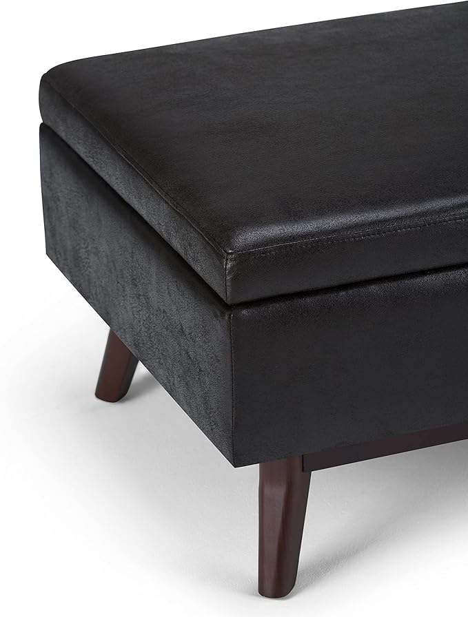 SIMPLIHOME Owen Coffee Table Storage Ottoman - 34" Wide x 19" High Upholstered Vegan Leather Rectangular Lift-Top Ottoman in Distressed Black, Mid-Century Bench for Living Room with Tapered Legs