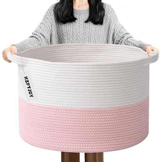 90L Extra Large Pink Woven Cotton Rope Basket with Handles, Kids Nursery Laundry Hamper for Toys, Blankets, Pillows & Comforters, Cute Storage Bin for Bedroom & Playroom