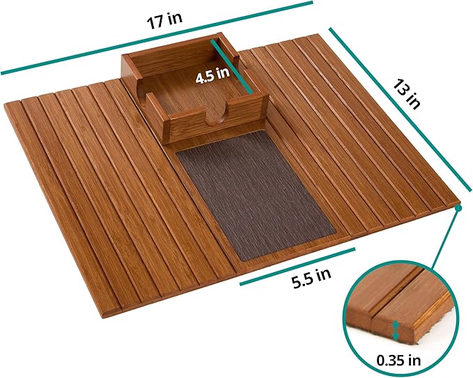 Detor Couch Cup Holder Tray with Super Anti-Slip Pad, Large 4.5" x 4.5" Organizer, Acacia-Stained Bamboo Finish, Enhanced Non-Slip Felt Base, Durable Bamboo Slats, Fits Armrests 5.5" and Wider