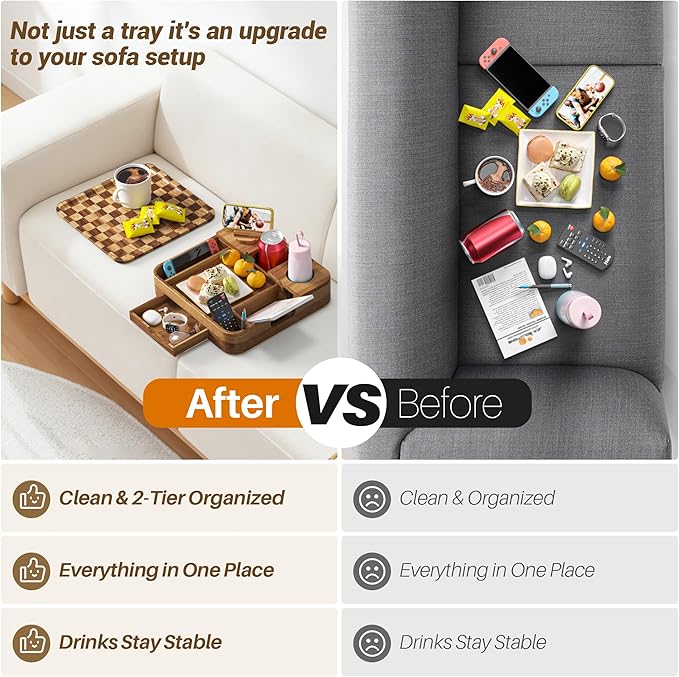 Couch Cup Holder, Checkered Couch Tray Cup Holder Sofa Tray, Acacia Wood Large Capacity 2-Tier Wooden Trays with Drawer for Sofa, Bed, Picnic, Drinks, Snacks, Remote, Cell Phone 12.5 * 12.5 in
