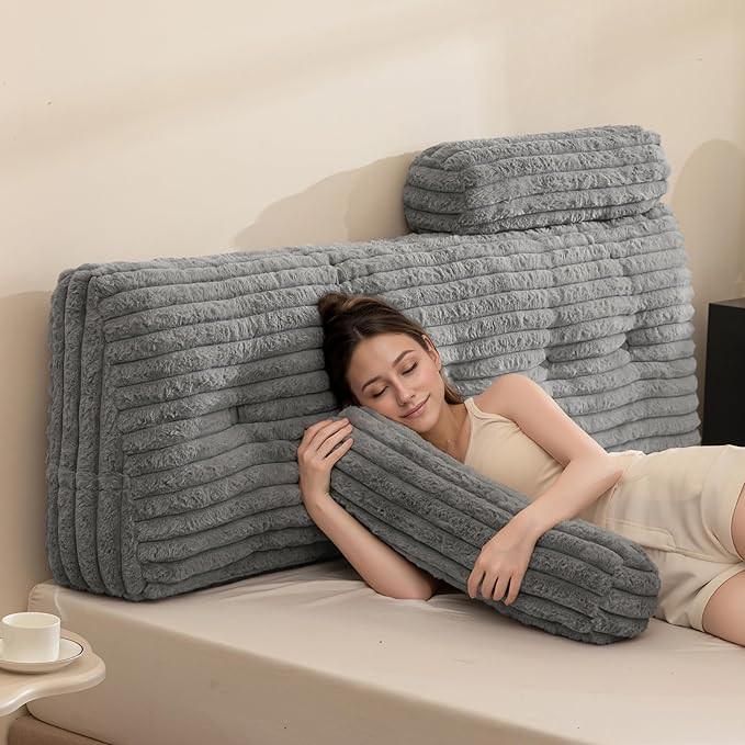 HIGOGOGO Triangular Headboard Wedge Pillow with 2 Cylindrical Pillows and Memory Foam Filling, Daybed Pillows for Sitting up, Reading or Working with Removable Cover,Queen 59.1"x19.7"