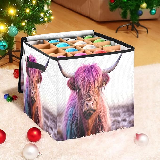 Kigai Highland Cow Christmas Ornament Storage Box with Zipper & Adjustable Dividers Holiday Ornament Organizer Xmas Storage Container, 64 Balls