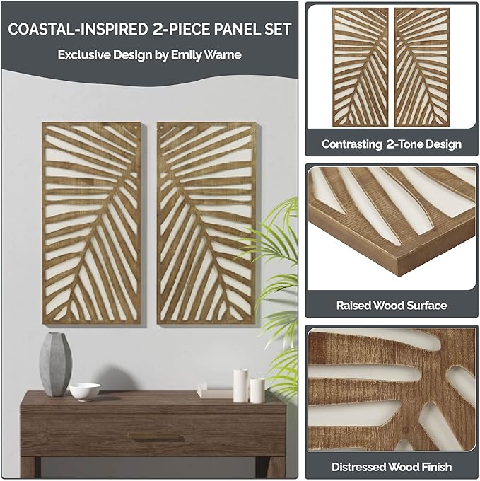 Madison Park Wall Décor for Living Room - Birch Palms Botanical Two-Tone, Home Accent Modern Kitchen Dining Decoration, Ready to Hang 2-Piece Wood Panel Set for Bedroom, 16"W x 32"H, Dark Palm