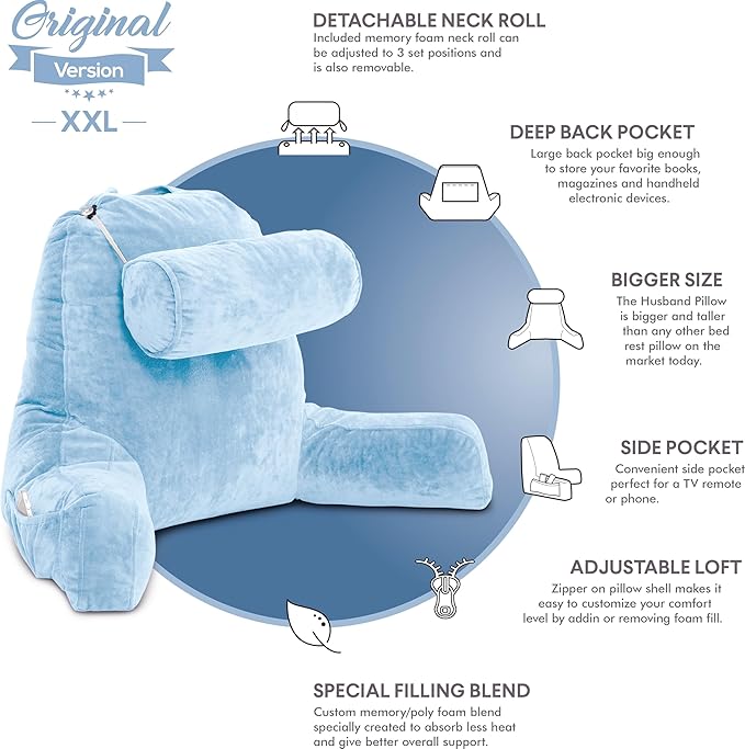 Husband Pillow XXL The Original for Adults - 30" Tall Backrest for Sitting Up in Bed - Firm Support Reading & Bed Rest Pillows for Adults, Neck Roll, Removable Cover - TV - Sky Blue