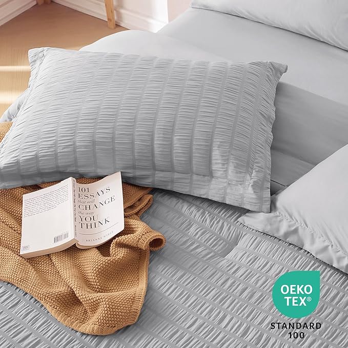 MUXHOMO 7 Pieces King Comforter Set, Seersucker Bed in a Bag King Size, All Season Luxury Bedding Set with Comforter, Flat Sheet, Fitted Sheet, Pillowcases & Shams, Light Grey