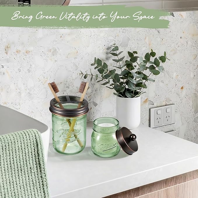 SheeChung Mason Jar Toothbrush Holder, Green Glass Toothbrush Holder, Bathroom Countertop Organizer, Stainless Steel Lid, Toothbrush Toothpaste Holder Storage, Oil Rubbed Bronze Bathroom Accessories