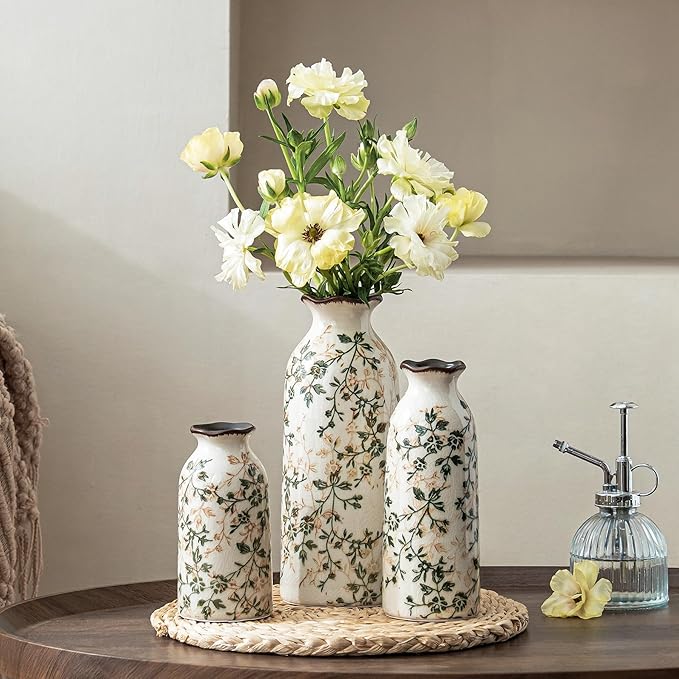 for Mom from Daughter or Son, Ceramic Vase Set of 3, Vintage Green & Beige Chinoiserie Floral Vases, Rustic Grandmillennial Farmhouse Decor for Living Room, Kitchen, Bedroom
