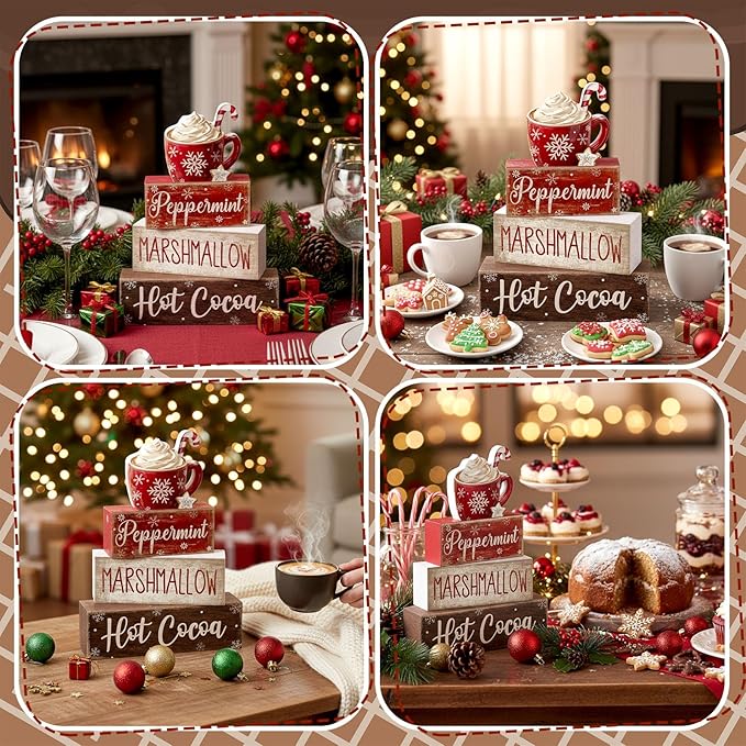 Moucuny 4 Pcs Christmas Table Decor Wooden Hot Cocoa Decoration Christmas Centerpiece Winter Tiered Tray Decor Decorative Red Hot Cocoa Block Signs Farmhouse Xmas Decoration for Home