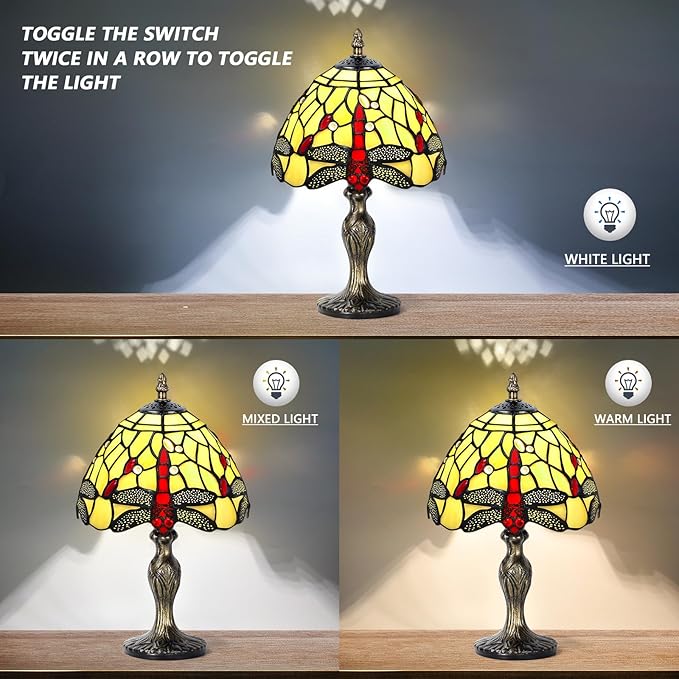 MIAOKE Stained Glass Table Lamp,Stained Glass Crystal Bead Style Table Light,Handmade Desk Bedside Night Light,Antique Art Craft Gifts Living Room Bedroom Bookcase(Pale White Dragonfly)