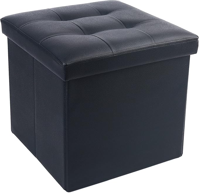 LotFancy Storage Ottoman, Foldable Foot Rest Stool, 13x12x12 Inches Small Leather Bench with Storage, Holds up to 260 lb, for Living Room, Bedroom, Dorm, Black