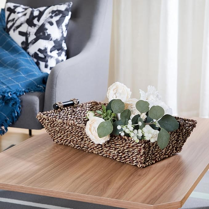 17.5 "x 10" x 4 "wooden handle seaweed rectangular basket, made of fiber tray, used for living room coffee table, bathroom counter, kitchen pantry, farmer's country storage cabinet.