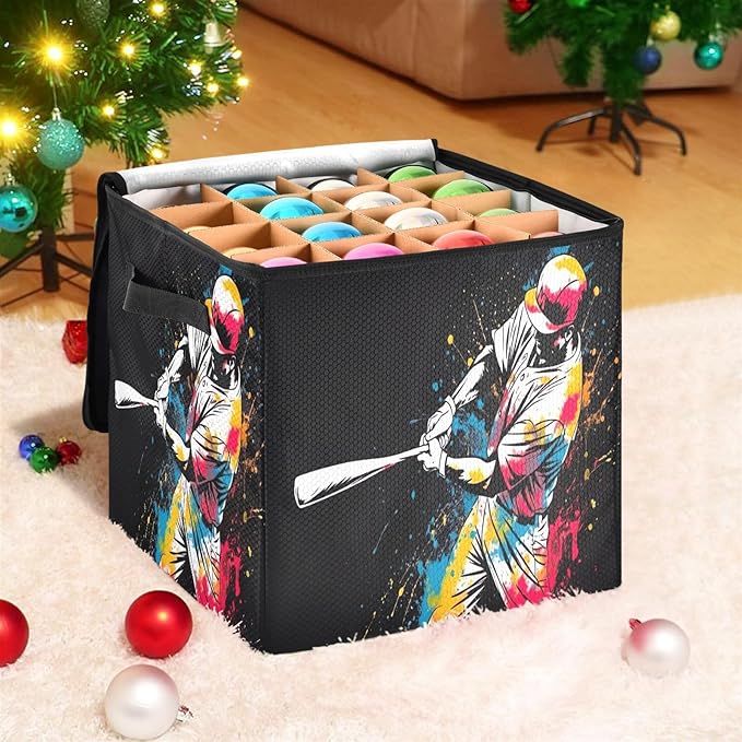Kigai Baseballer Christmas Ornament Storage Box with Zipper & Adjustable Dividers Holiday Ornament Organizer Xmas Storage Container, 64 Balls