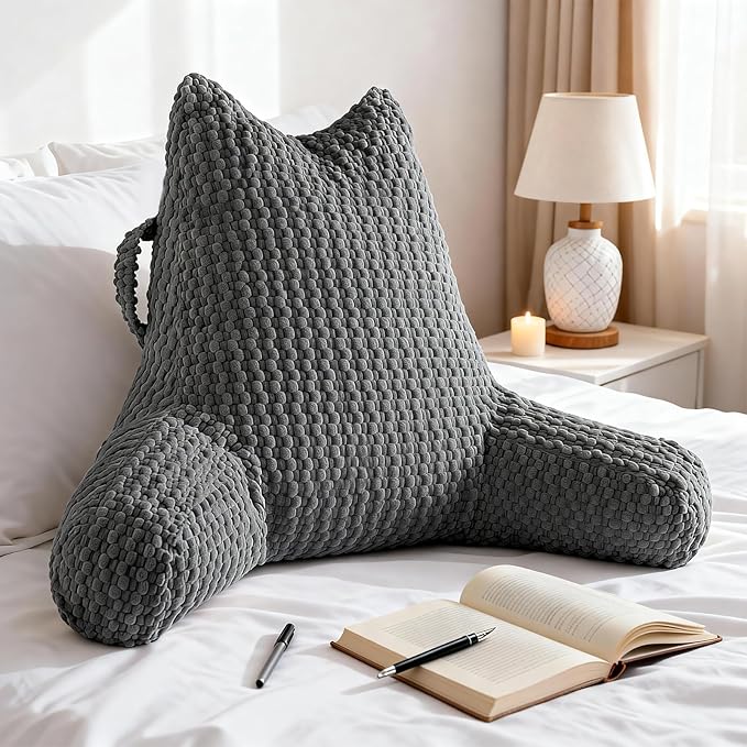 Reading Pillow for Bed Sitting Up, Backrest Pillow with Shredded Memory Foam Filling, Back Support Cushion, Bed Rest Pillow with Arms, Pockets and Washable Cover-Grey