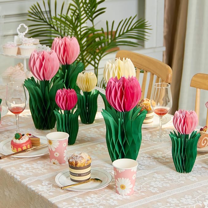 8 Pcs Tulip Honeycomb Decorations, Spring Decorations for Office, Spring Table Decor, Tulip Party Decorations, Spring Centerpieces for Tables for Mothers Day Spring Party, Womens Day