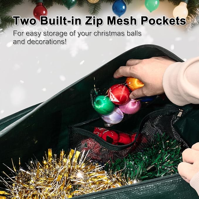 Christmas Tree Storage Bag 7.5 ft, Heavy Duty Artificial Xmas Trees Bag with Reinforced Handles, Dual Zippers Wide Opening, Two Mesh Pockets, Water Resistant for Holiday Tree Storage (Green)