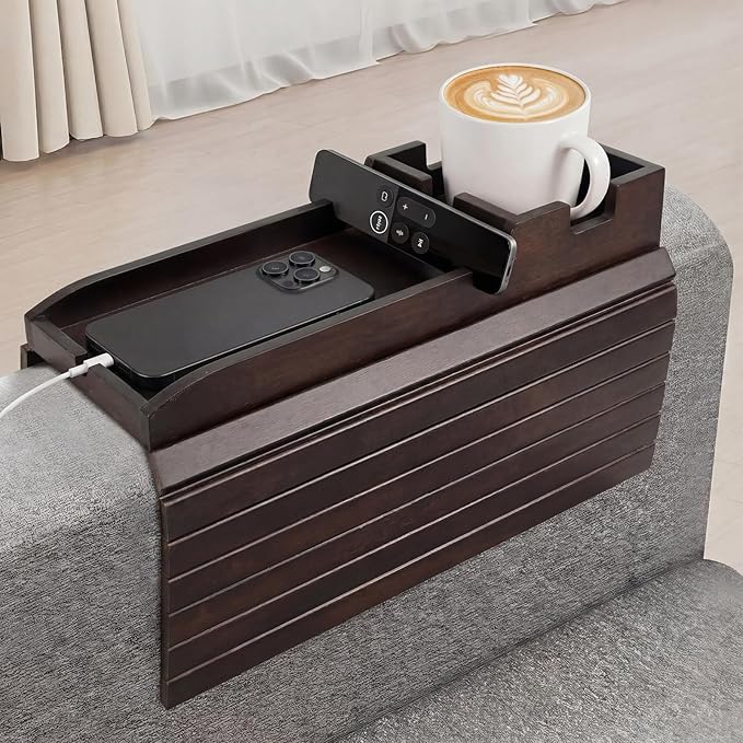 Bamboo Couch Arm Tray Table with Built-in Cup Holder, Foldable Anti-Slip Sofa Armrest Table for Drinks, Phone & Remote, Fits 4.7–16.9 in Armrests, Holds Cups up to 3.5 in Diameter (Brown)