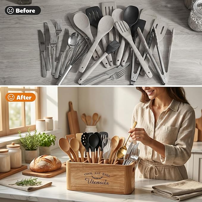 Wooden Kitchen Utensil Holder Organizer for Counter or Countertop, Acacia Utensil Holder with Magnetic Strip for Knife, Cooking and Silverware Storage(4 Compartment, Extra Large)