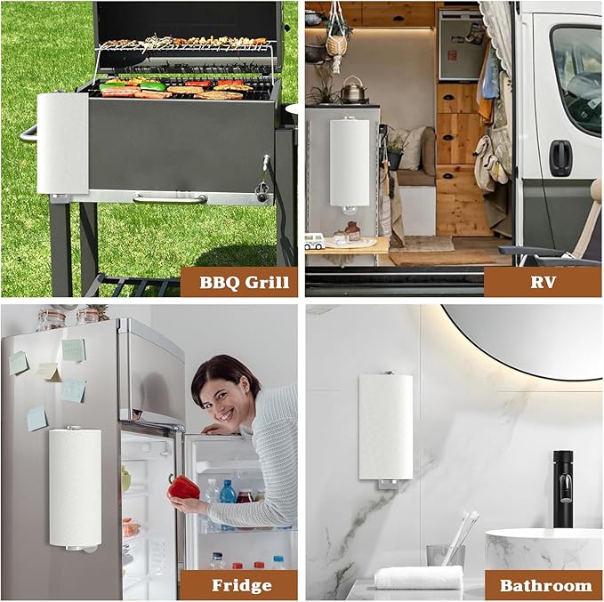 Swaitee Magnetic Paper Towel Holder for Fridge - No Drill, One Hand Tear with Ratchet Mechanism, Silver, Self-Adhesive & Wall Mount for Kitchen, RV, Garage