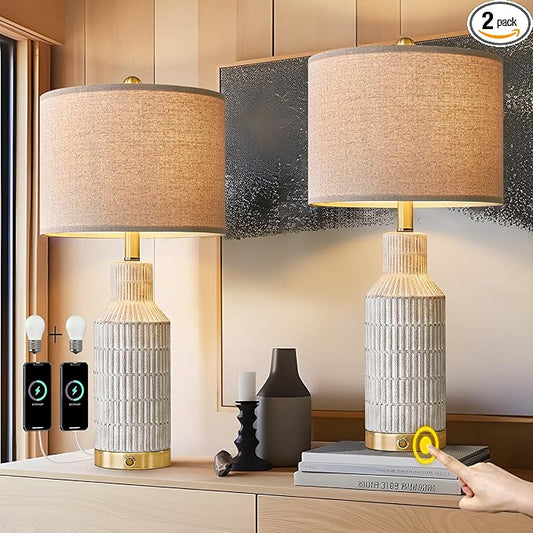 USumkky 25" Modern 3-Way Dimmable Touch Control with USB A+C Ceramic Lamps Set of 2 Table Lamp for Living Room Bedroom Farmhouse Nightstand Bedside Lamps (White-Washed)