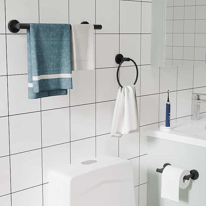 RARXTR 3pc Bathroom Hardware Set with Matte Black Toilet Paper Holder, Towel Ring, Towel Bar SUS304 Stainless Steel Toilet Paper Roll Holder Wall Mount, Bathroom Towel Holder, Towel Rack Set