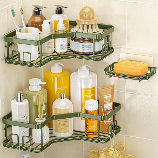 MAXIFFE 3 Pack X-Large Corner Shower Caddy with Soap Holder, Large Capacity Easy Install No Drilling Stainless Steel Hold 40 LB Shower Organizer Shelves Rack for Family Renters Bathroom, Forest Green