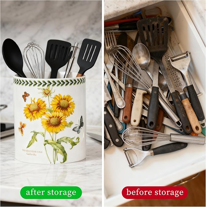 Floral Kitchen Utensil Holder, 7.1 Inch Large Ceramic Crock, Sunflower Pattern, White Kitchen Counter Organizer (pink rose)