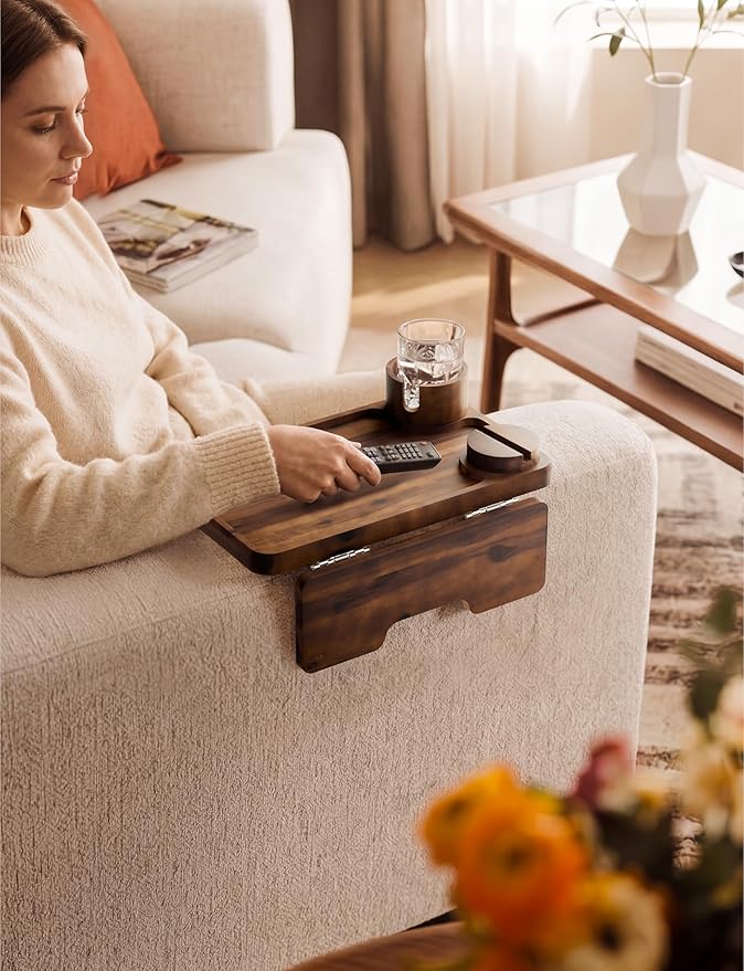 HOLANA Acacia Wood Couch Arm Tray, 15.74”x9.8” Arm Table for Couch - Couch Cup Holder Tray with Rotated Phone Holder, Cup Holder - Clip on Sofa Armchair Caddy with Non-Slip Pad (Walnut Color)