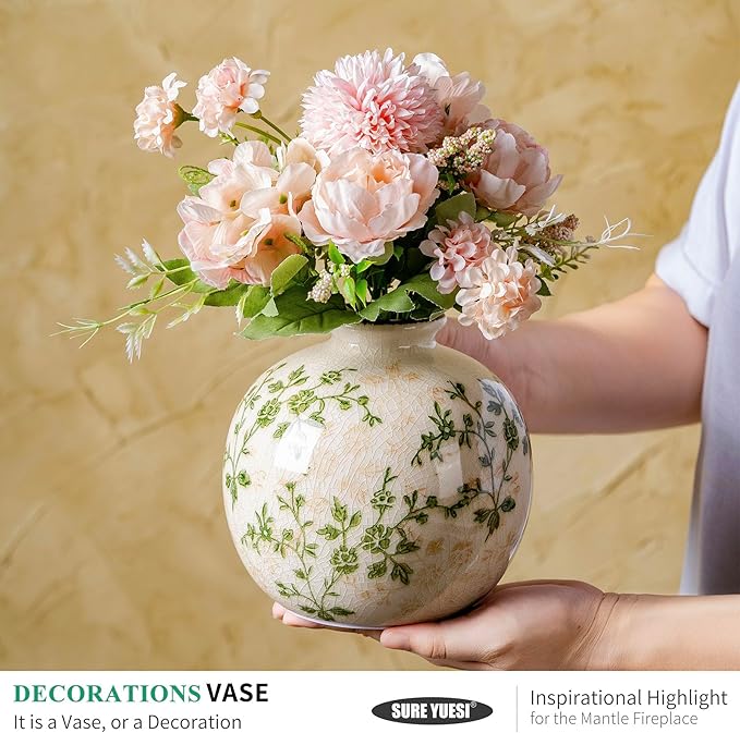 for Mom from Daughter or Son, Green Pastoral Round Ceramic Vase 5.9”, Vintage Floral Rustic Farmhouse Vase, Chinoiserie Tuscan Cottage Core Decor for Living Room, Office