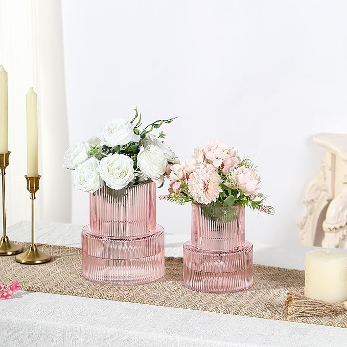 Ribbed Glass Vases for Bouquet, Set of 2 Pink Vases for Flowers, Pink Glass Vase for Tulips, Modern Vase for Living Room, Office, Coffe Table, Dining Table, Shelf, Wedding